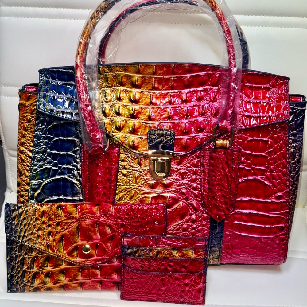 Multicolor Croc-Embossed Tote Bag with Matching Wallet Set